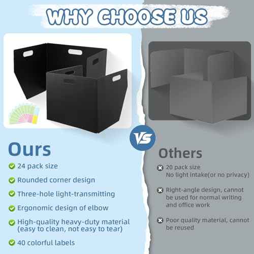 24-Pack Plastic Desk Dividers for Students, Privacy Folders for Students - Durable & Easy-to-Clean Privacy Panels with 40 Labels & Light Holes, Testing Dividers for Classroom - Classroom Must-Haves