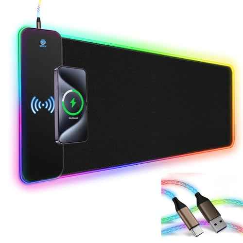 RGB Gaming Mouse Pad Wireless Charging 15W with LED Cable, XXL Large Mousepad 800x300x4mm with 13 Light Modes Non-Slip Rubber Base, Waterproof Computer Mat for Home Office Gaming Keyboard Desk Decor