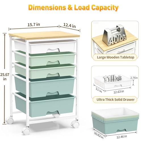SUNALLY Green 5-Drawer Rolling Storage Cart with Wooden Top & Locking Wheels
