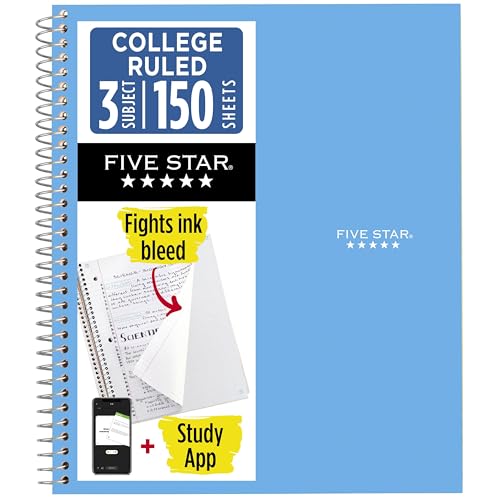 Five Star 3-Subject Spiral Notebook Blue 8.5 x 11 inches, 150 Sheets, College Ruled, Pack of 1