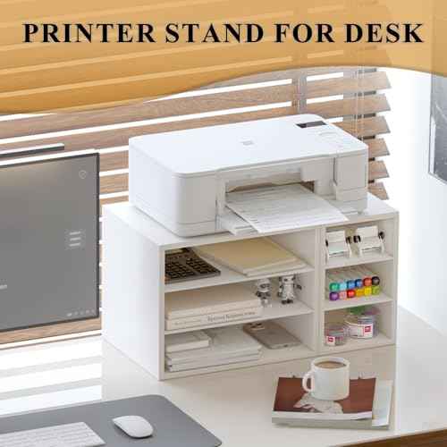 MARTY Printer Stand with Storage for Desk Large Desktop Printer Stand Shelf Riser with 6 Storage Compartments Wood Desk Paper Organzier File Organizer for Home/Office, White