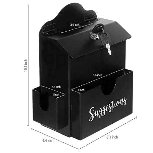 MyGift Classic Matte Black Metal Suggestion Box with Cursive Suggestions Lettering, Wall Mounted or Tabletop Comment Box with Lock, Keys, Paper Sheet and Pen Holder Slots