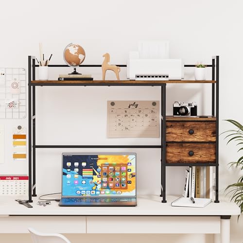 Desk Shelf,Desktop Organizer Shelf for Computer Monitor, 3 Tier Display Rack and 2 Fabric Drawers, Wood Desktop Bookshelf Storage Rack for Home Office,Dorm, Rustic Brown