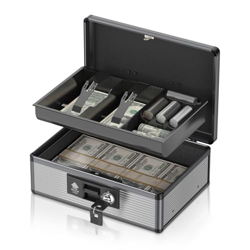 Locking Cash Box with Money Tray and Key, Secure Money Safe Box for Cash, Portable Money Box with Bottom Storage Spaces, Money Saving Organizer (Black, Large)