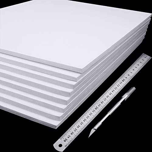 8 Pieces Foam Boards Foam Core Backing Boards, Silver Craft Knife with Protective Cap and 12 Inch Stainless Steel Ruler for Art Presentations Crafts Display Favors (White, Silver,12 x 10 x 0.2 Inches)