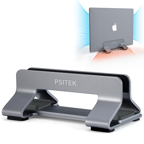 Psitek Space Gray Aluminum Vertical Laptop Stand Dock Holder - 1 Slot, Adjustable Width 12-42mm