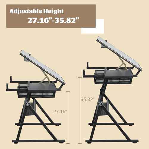 Black Drafting Table w/Stool, Painting Table Art Craft Desk Crafting Table with Tilting Tempered Glass Top, 2 Storage Drawers, Height Adjustable