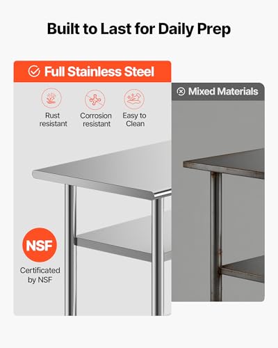 VEVOR 24x36 Stainless Steel Work Table with 2 Shelves & Wheels – Heavy Duty Kitchen Prep Station