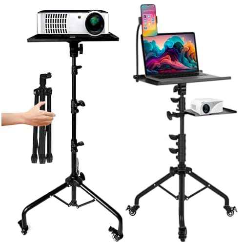 Laptop & Projector Tripod Stand Adjustable Height 26 to 51¡± Wheely Portable Laptop Stand With Gooseneck Phone Holder - For Movie, Meeting, Book, DJ Equiqment