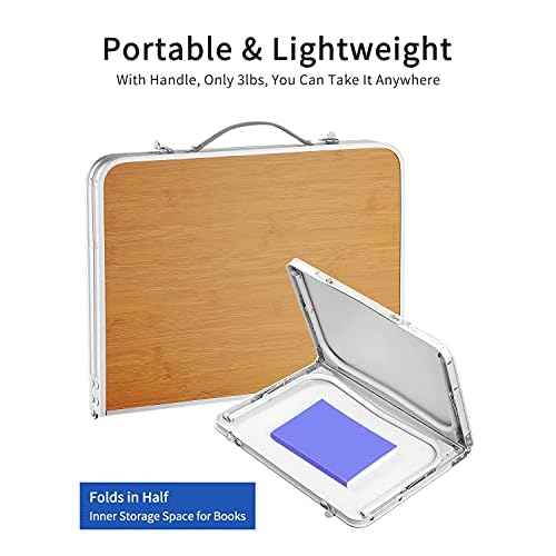 Foldable Laptop Table for Bed, SUVANE Lap Desk, Breakfast Serving Bed Tray, Portable Mini Picnic Table, Storage Space Laptop Desk Reading Holder(Bamboo)