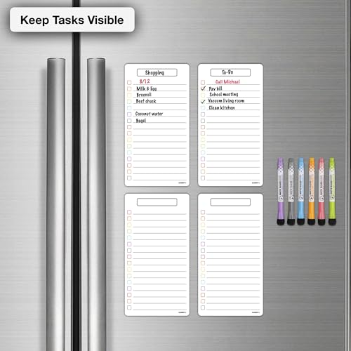 KADERYX 4-Pack Magnetic Dry Erase Refrigerator Boards 5x9.5" Colorful Checklist Set