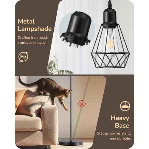 EDISHINE 70IN Farmhouse Floor Lamps for Living Room, Dimmable Industrial Tall Standing Lamps 3 LED Edison Bulbs Included, Diamond-Shaped Cage, Rustic Tree Corner Light for Bedroom, Office, Black