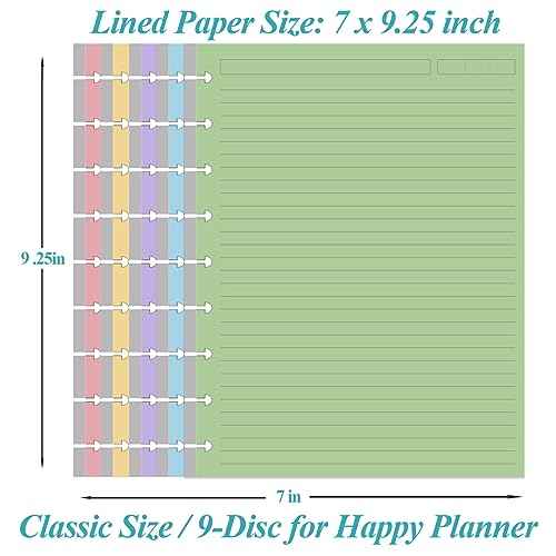 9-Disc Discbound 5 Colorful Line Paper Pre-punched Happy Planners Inserts, 100Sheets/200Pages Classic Size Line Loose-Leaf Paper, Per Color 20 Sheets, 7" x 9.25"