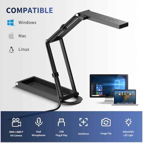 NETUM Document Camera & Webcam 4K with Microphone USB Visualizer 3-Level Touch LED Auto-Focus Image Invert Fold-able for Windows Mac OS Linux - Remote Teaching & Live Demo (SD-1300)