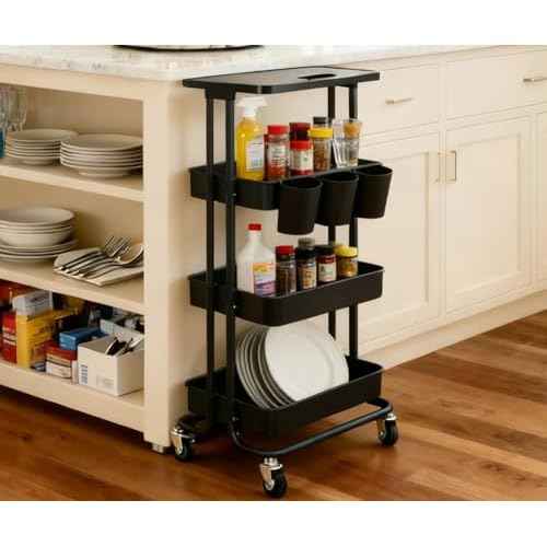 4 Tier Rolling Storage Cart with Table Top Metal Utility Cart on Wheels, School Offices Supplies Organzier with Plastic Tray, Lockable Casters Crafts Carts for Bathroom, Classroom, Kitchen(Black)