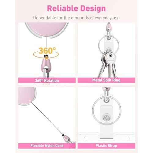 Uniclife 2 Pack Retractable Badge Reel for Badge Holder Pink Heavy Duty Retractable Keychain Strong ABS Casing with Stainless Steel Spring Coil 24 Inch Nylon Rope Carabiner Clip and Key Ring