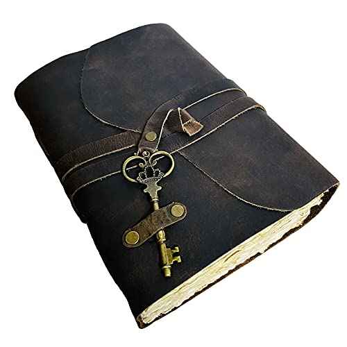 Vintage Leather Journal - Antique Handmade Deckle Edge Vintage Paper - Leather Bound Key Journal for Women and Men - Book of Shadows Journal - Leather Sketchbook - witchcraft Supplies - Rustic Gift