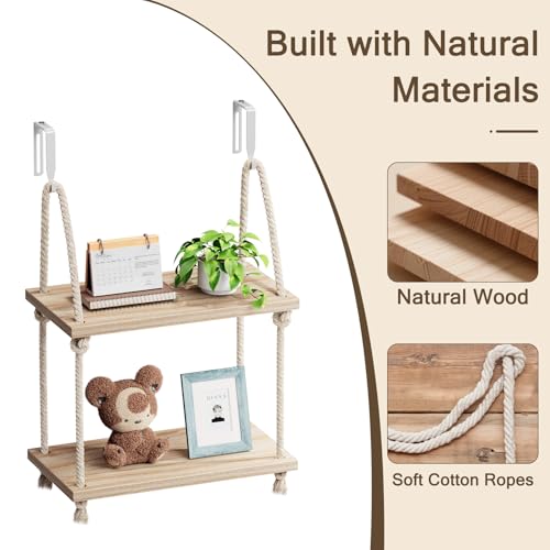 2-Tier Wooden Wall Shelf for Cubicles with Hooks & Rope - Office Storage Organizer