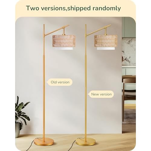 EDISHINE Rattan Arc Floor Lamp with Remote,Gold Farmhouse Standing Lamp with Dimmable LED Bulb,Rattan & Fabric Double Shades,Foot Switch,Adjustable Wicker Floor Lamps for Living Room, Bedroom, Nursery