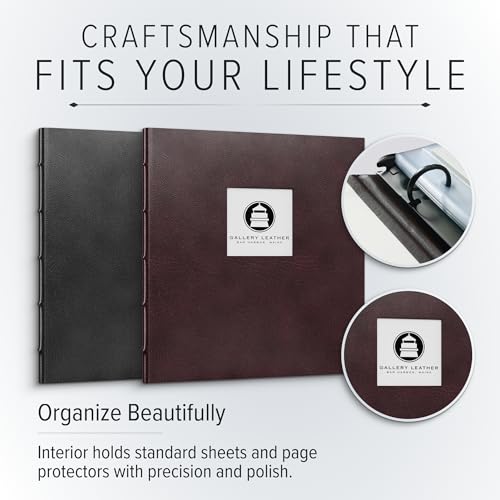 Gallery Leather 3 Ring Binder with Plastic Sleeves, Includes 10 Sheets, Sheet Size: 8.5" x 11" - Presentation Binder Rings with Window and Hubbed Spine, Thick: 0.75" Belfast Brown