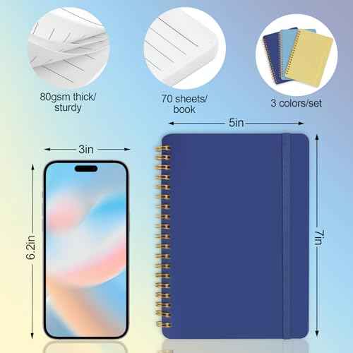 Utron 3 PCS Small Spiral Notebook 5x7, Notebooks for Note Taking, Blue Color Scheme Spiral Journal Notebook, Work Notebook Small Notebooks 5x7 with Strap, Cute Notebooks for Women 70 Sheets/Note Books