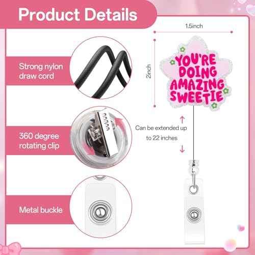 Cute and Funny Nurse Badge Reel, Retractable Nursing Social Worker Badge Reel Accessories, Pink Id Card Holder for Women Girl, You're Doing Amazing Sweetie, Nurse Gifts