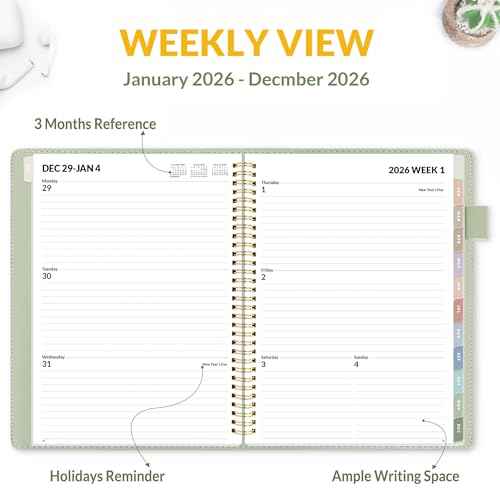 SUNEE 2026 Weekly & Monthly Planner 9"x11.2"- 12 Month (January 2026 - December 2026), Vegan Leather Cover, Pocket, Bookmark, Notes, Monthly Tab, Sage Green
