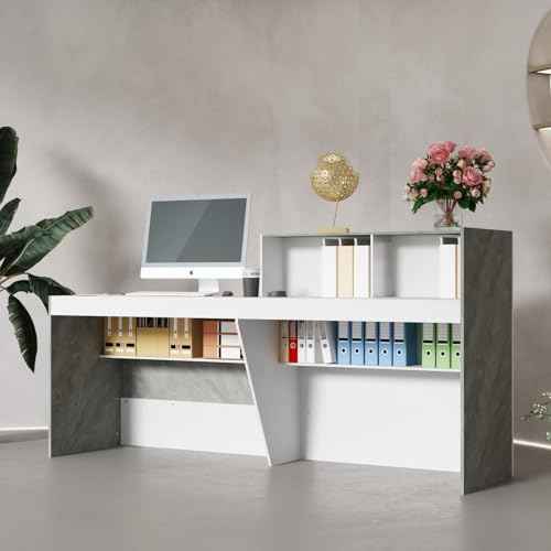 FAMAPY Reception Desk with Shelves, Modern Reception Table with Storage, Front Counter Checkout Table Retail Counter for Lobby Shop, White and Grey, 23.6¡±D x 86.6¡±W x 43.3¡±H