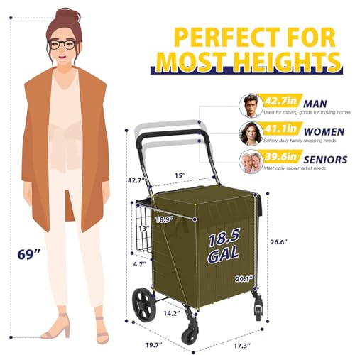 Siffler Collapsible Shopping Cart with Double Basket & Waterproof Liner - Grocery, Laundry & Travel Foldable Cart, 360¡Æ Swiveling Wheels, Medium Size with Carry Bag