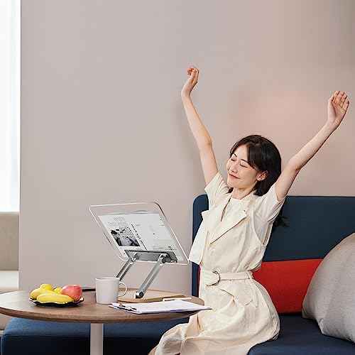 Adjustable Acrylic Book Stand for Reading, Book Holder with Pen Slot, Foldable Desktop Riser for Laptop, Recipe, Textbook - Hands-Free,Cookbook Stand, Clear Design with Page Clips