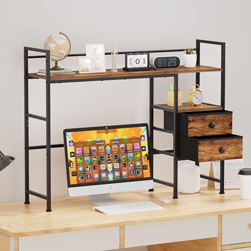 Desk Shelf,Desktop Organizer Shelf for Computer Monitor, 3 Tier Display Rack and 2 Fabric Drawers, Wood Desktop Bookshelf Storage Rack for Home Office,Dorm, Rustic Brown