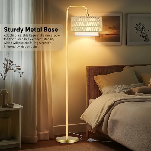 PARTPHONER Gold Floor Lamp for Living Room, Farmhouse Tall Lamp with 3 Color Temperatures Remote & Dimmable Bulb, Beige Rattan and Fabric Shades for Bedroom Study Room Office