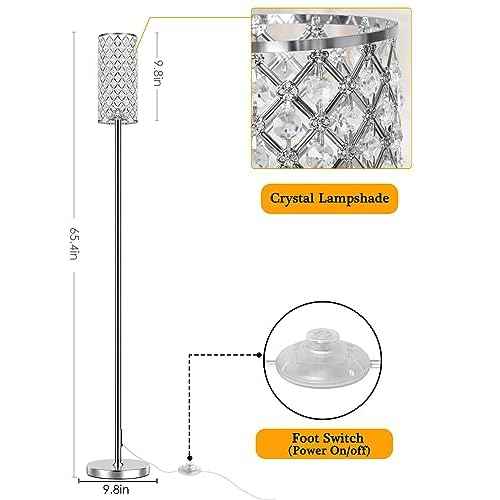 Crystal Floor Lamps - Modern Silver Standing Lamp with 3 CCT LED Bulbs for Elegant Home Decor Living Room and Bedroom Lighting