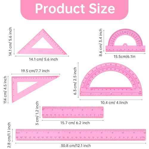 6 PCS Pink Ruler Set Includes Plastic Straight Ruler 12 & 6 Inch, Clear Protractor, Triangle Rulers Math Geometry Set Measuring Tool Transparent School Supplies for Home Office Drawing