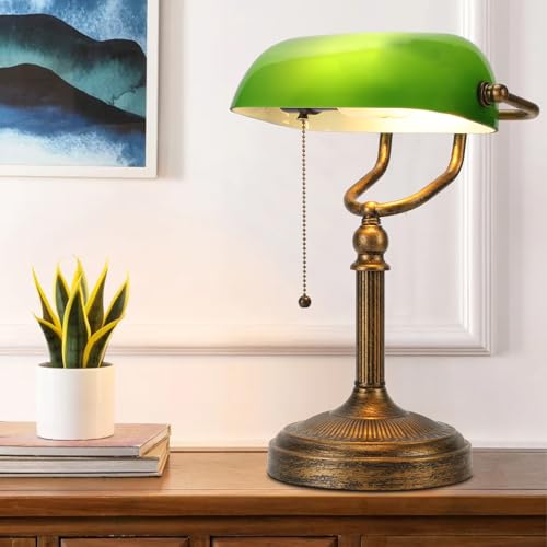 NISSAFORS Bankers Desk Lamp, Green Glass Shade, Vintage Desk Lamp with Pull Chain Switch, Retro Table Lamps for Home Office (Retro Gold+Green, Large)