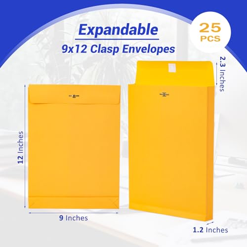Yellow 25 Pack 9x12 Heavyweight Manilla Envelopes with Clasp - Expandable Business Mailers