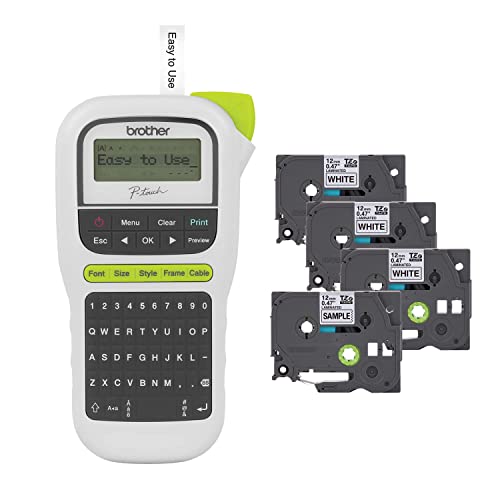 Brother P-Touch PTH110BP Portable Label Maker Bundle with 4 Tapes - New, White, Compact