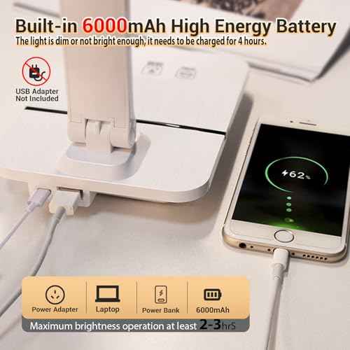 Cordless LED Desk Lamp for Home Office, 6000mAh Rechargeable Battery Operated Table Lamps,Eye-Caring Reading Lamp for Students, 3 Lighting Modes & Brightness Dimmer Light for Kids Study