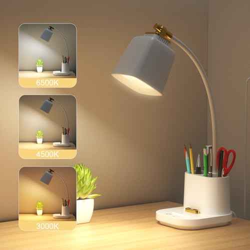 Desk Lamp with USB Charging Port & Pen Holder, LED Desk Light for Home Office, Touch Dimmable, Ideal for Study, Reading, and Work (White)