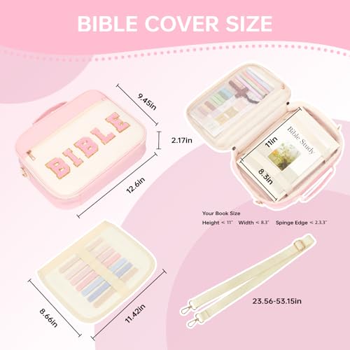 Bible Cover Case for Women Bible Study Supplies Large Preppy Chenille Pink Leather Bible Carrying Tote Bag Letter Bible Case Christmas Christian Gifts for Women Girls (Pink, Large)