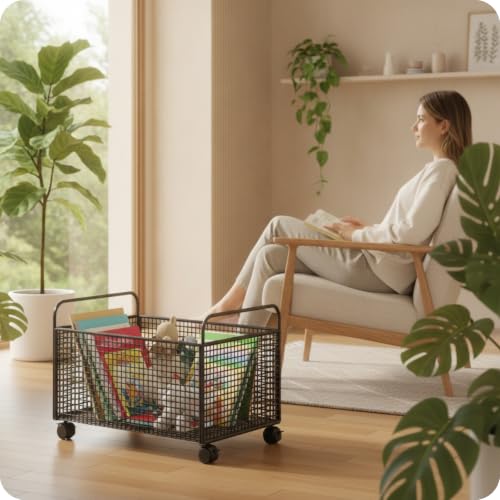 Mobile Book Cart with Handle - Black, Medium Capacity