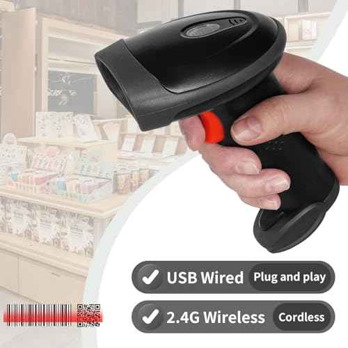 Barcode Scanner Wireless, Handheld Bar Code Scanner Versatile 2-in-1 (2.4Ghz Cordless & USB Wired) Book Scanner for Personal Library, Warehouse Inventory, Clothing Shops and More