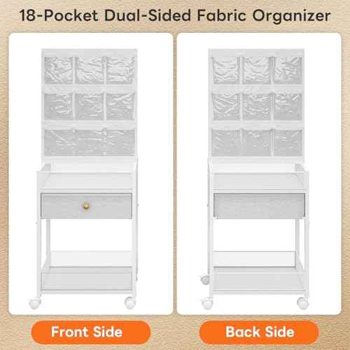 5-Tier Craft Rolling Cart, Craft Organizers and Storage with 18-Pocket, Utility Cart with Drawer & Lockable Wheels, Art & Craft Supply Organizer for Kids' & Adults'Studio, Bedroom (White)