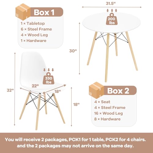 NAFORT 31.5'' Round Dining Table Set for 4 - 5-Piece Kitchen & Dining Room (White Table + 4 Beech Chairs)
