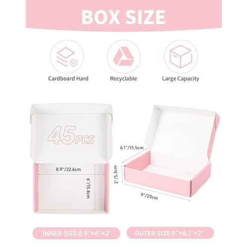 9x6x2 Inch Small Pink Shipping Boxes Pack of 45, Cardboard Boxes for Packaging Small Business
