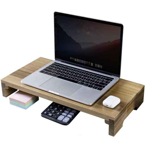 MyGift Premium Acacia Solid Wood Desk Monitor Stand, Laptop Riser & Keyboard Storage ? Wooden Desktop Organizer for Screen Display and Workspace Organization