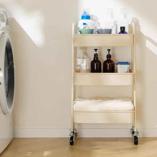 AGTEK 3-Tier Rolling Carts with Wheels, Rolling Utility Cart with Iron Frame for Kitchen, Plastic Shelves, Living Room, Office, Beige