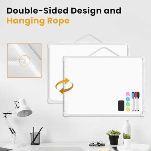 Small Dry Erase Board for Wall, 16" x 12" Double-sided Hanging Whiteboard, Dry Erase White Board with 3 Markers, 4 Magnets and 3 Mini Sticky Notes, Portable Whiteboard for Home, Office, School
