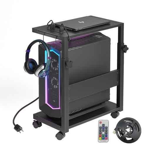 Computer Tower Stand with LED Light Strip,Mobile Rolling CPU Holder,Height Adjustable PC Tower Stand with Charging Station for Office Home (Black)