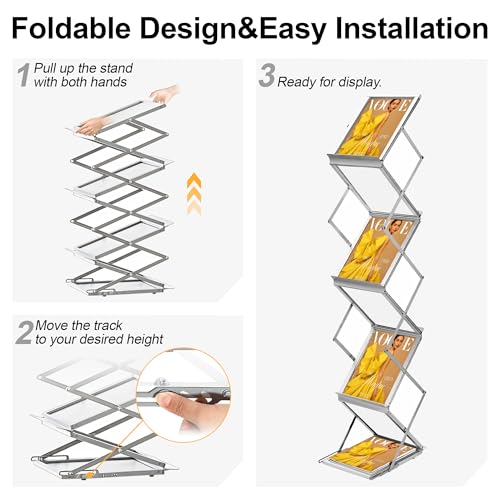 Magazine Rack Floor,Aluminum Magazine Display,Foldable Brochure Display Stand,Portable Magazines Stand Literature Rack with Carrying Bag for Exhibition,Trade Show,Office,Store,6 Pockets